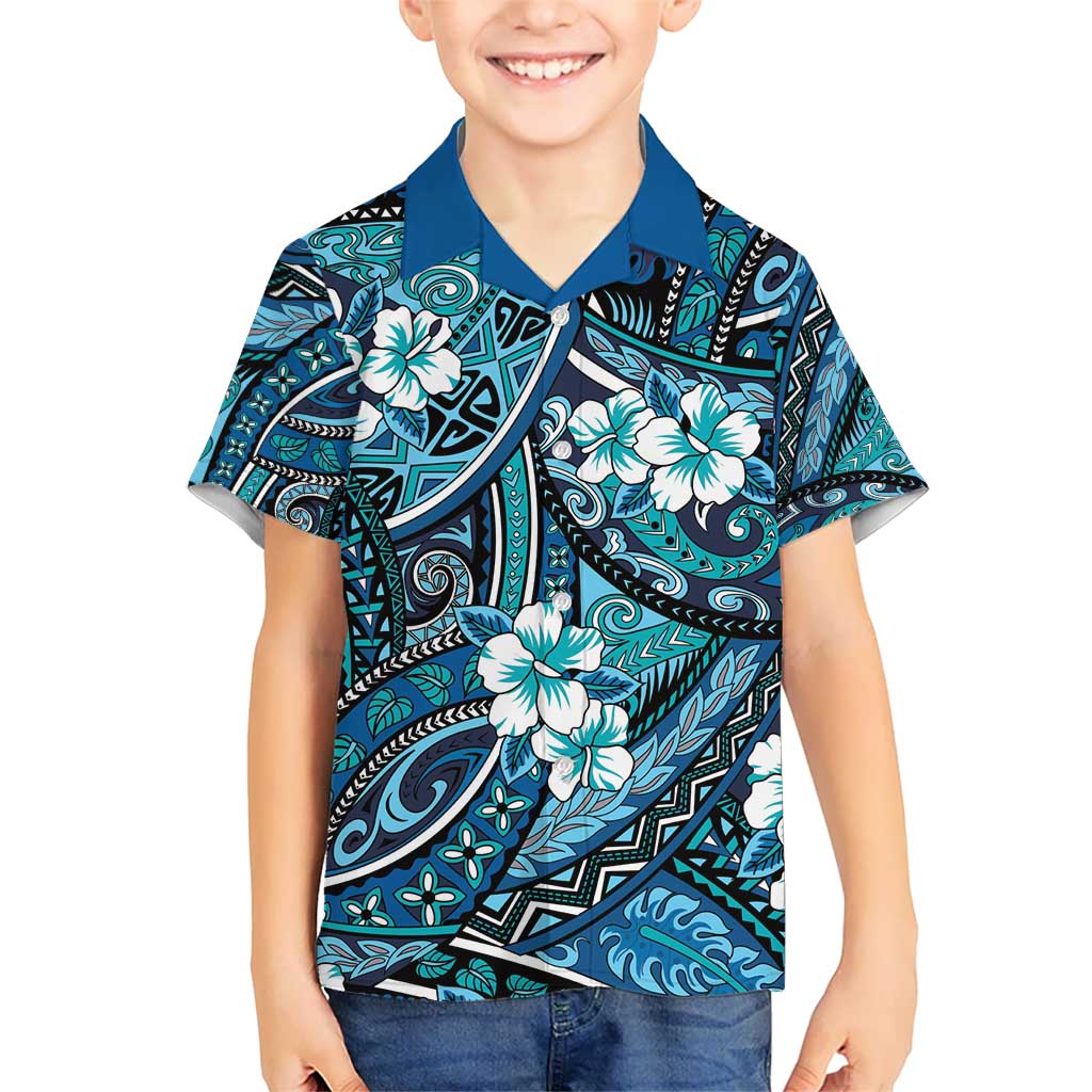 Polynesian Hibiscus Tropical Blue Floral Hawaiian Shirt Tribal Pattern - Polynesian Pride