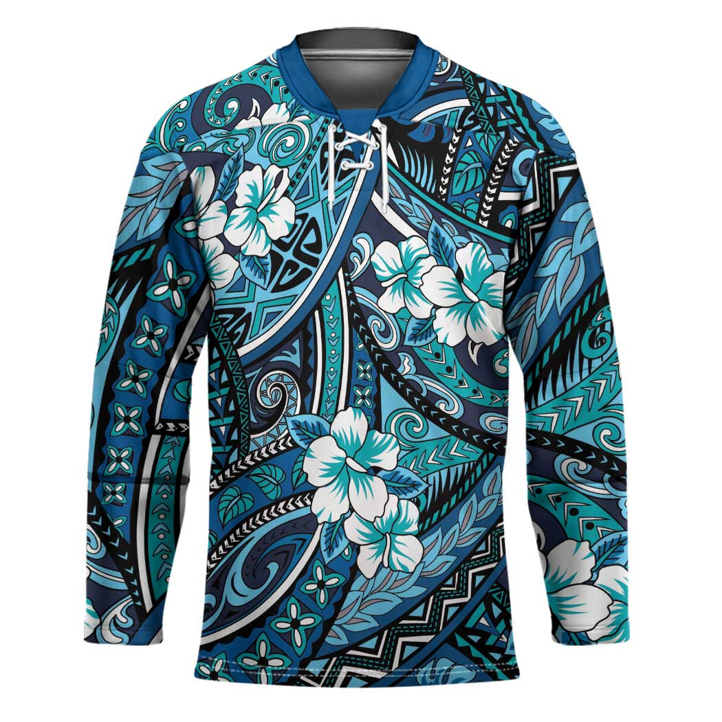 Polynesian Hibiscus Tropical Blue Floral Hockey Jersey Tribal Pattern - Polynesian Pride