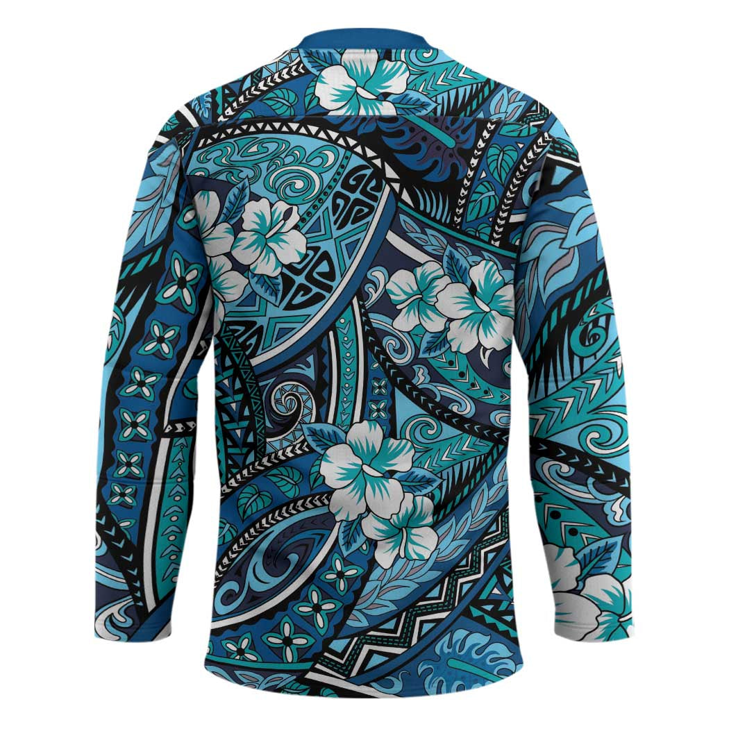 Polynesian Hibiscus Tropical Blue Floral Hockey Jersey Tribal Pattern - Polynesian Pride
