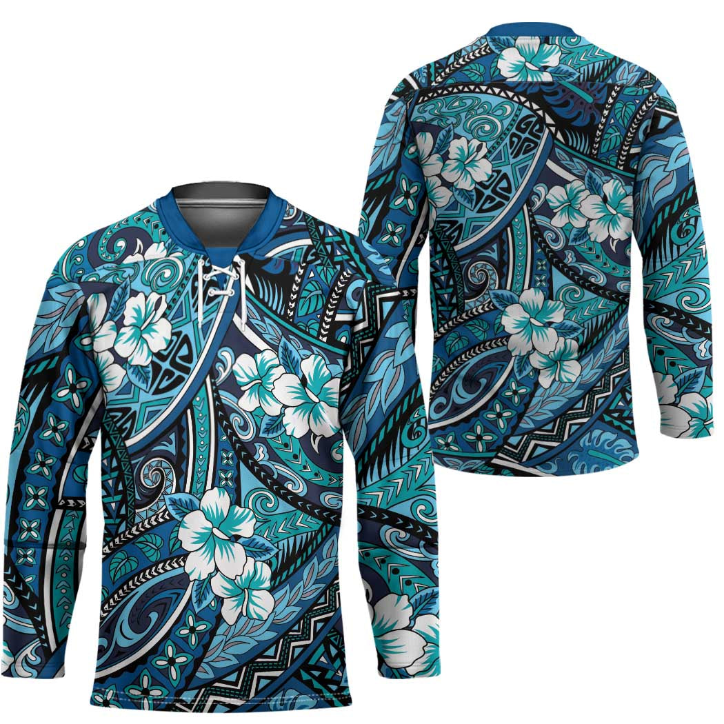 Polynesian Hibiscus Tropical Blue Floral Hockey Jersey Tribal Pattern - Polynesian Pride
