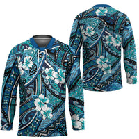 Polynesian Hibiscus Tropical Blue Floral Hockey Jersey Tribal Pattern - Polynesian Pride