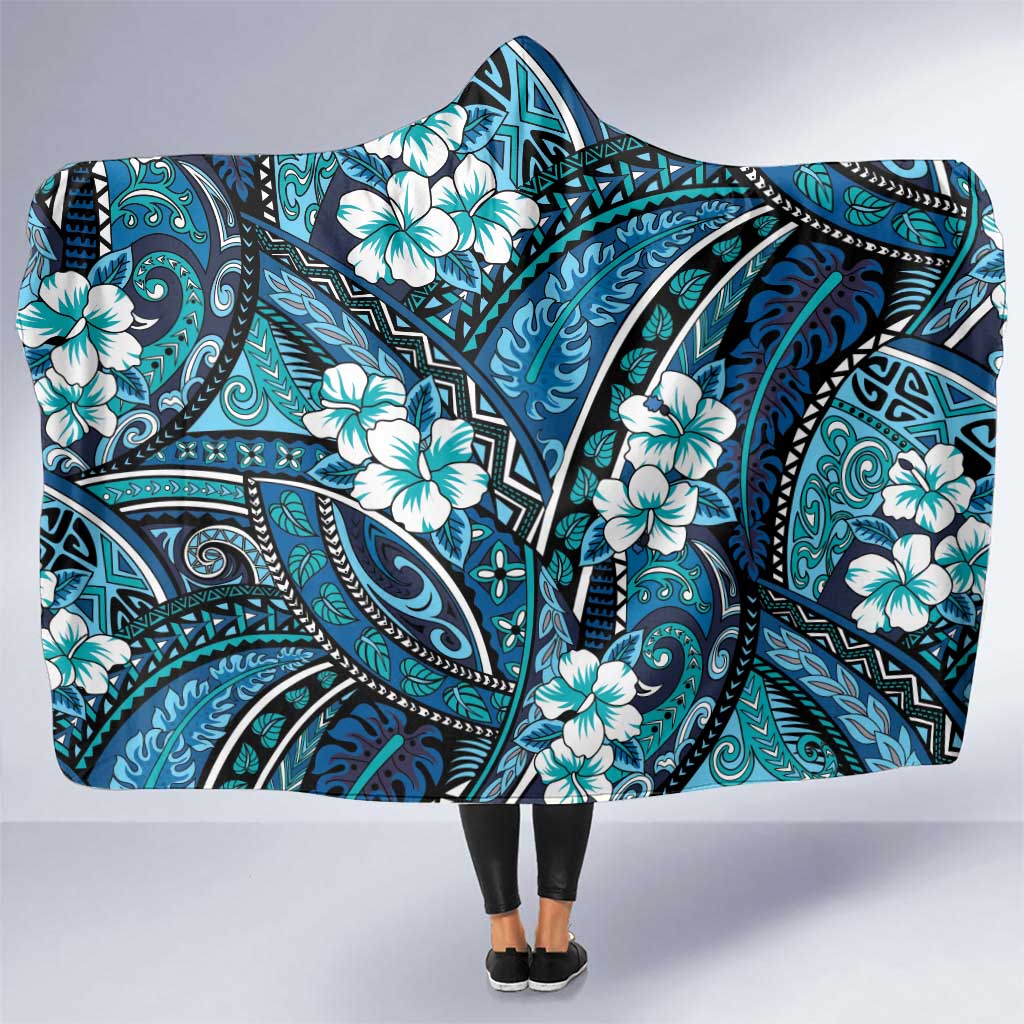 Polynesian Hibiscus Tropical Blue Floral Hooded Blanket Tribal Pattern LT01 One Size Blue - Polynesian Pride