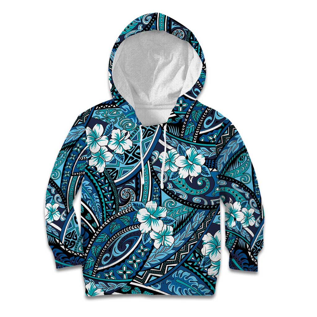 Polynesian Hibiscus Tropical Blue Floral Kid Hoodie Tribal Pattern LT01 Hoodie Blue - Polynesian Pride