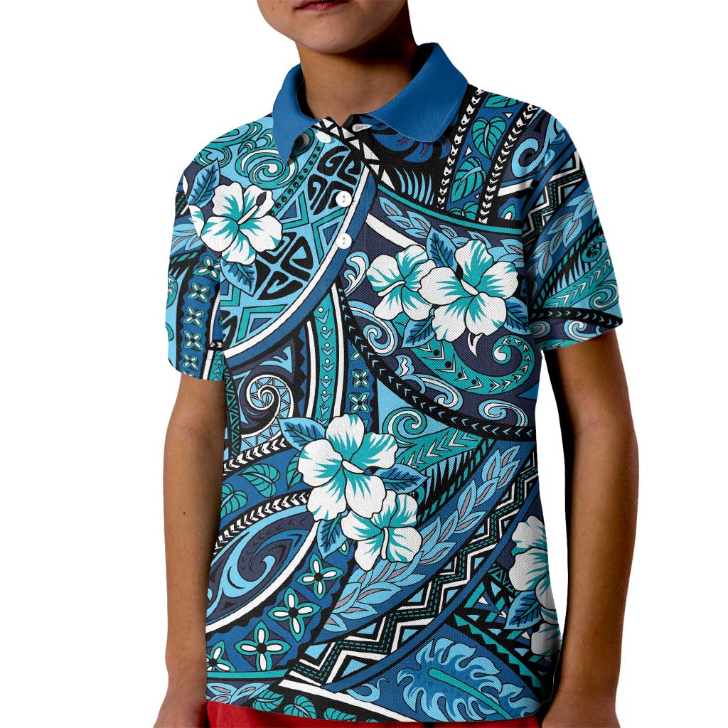 Polynesian Hibiscus Tropical Blue Floral Kid Polo Shirt Tribal Pattern LT01 Kid Blue - Polynesian Pride