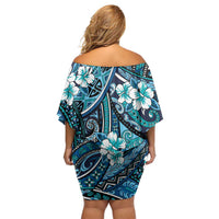 Polynesian Hibiscus Tropical Blue Floral Off Shoulder Short Dress Tribal Pattern - Polynesian Pride