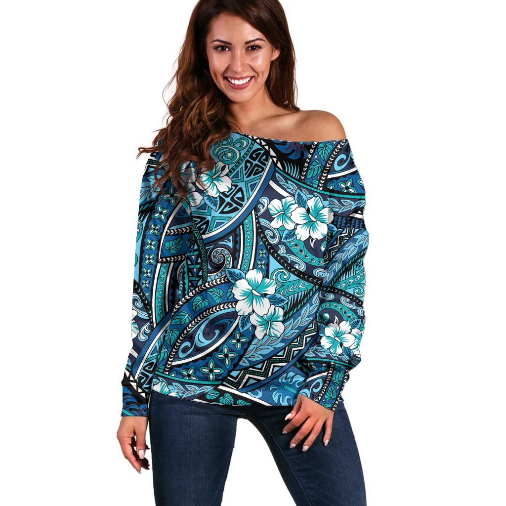 Polynesian Hibiscus Tropical Blue Floral Off Shoulder Sweater Tribal Pattern LT01 Women Blue - Polynesian Pride