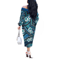Polynesian Hibiscus Tropical Blue Floral Off The Shoulder Long Sleeve Dress Tribal Pattern LT01 - Polynesian Pride
