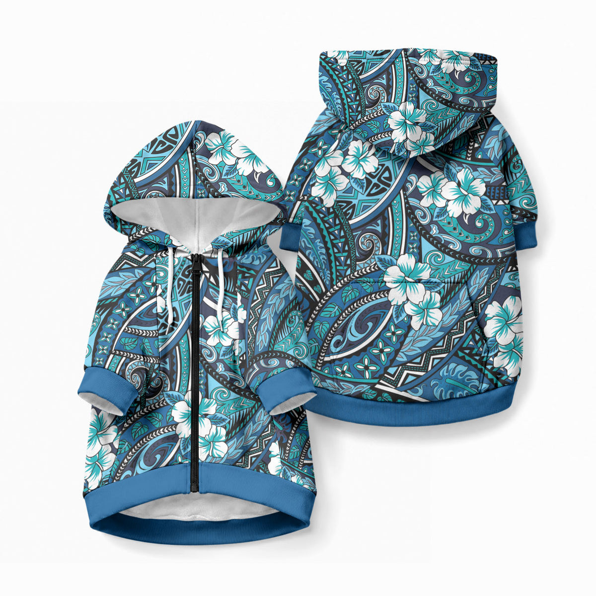 Polynesian Hibiscus Tropical Blue Floral Pet Hoodie Tribal Pattern LT01 Zip-up Blue - Polynesian Pride