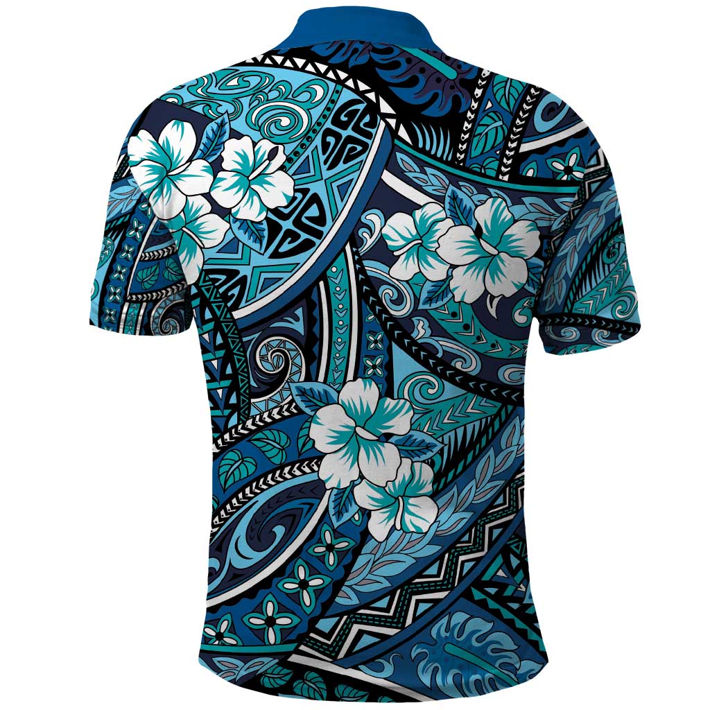 Polynesian Hibiscus Tropical Blue Floral Polo Shirt Tribal Pattern - Polynesian Pride
