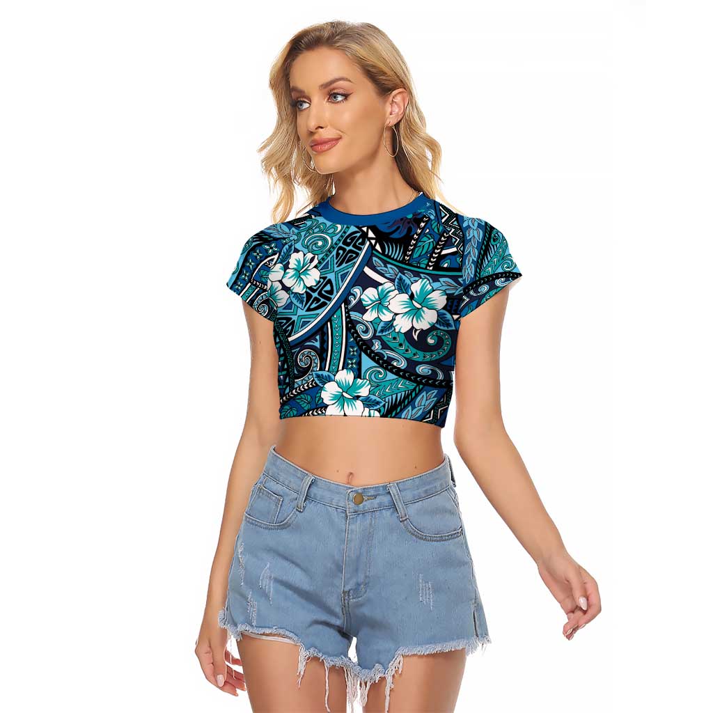 Polynesian Hibiscus Tropical Blue Floral Raglan Cropped T Shirt Tribal Pattern - Polynesian Pride