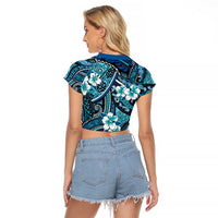 Polynesian Hibiscus Tropical Blue Floral Raglan Cropped T Shirt Tribal Pattern - Polynesian Pride