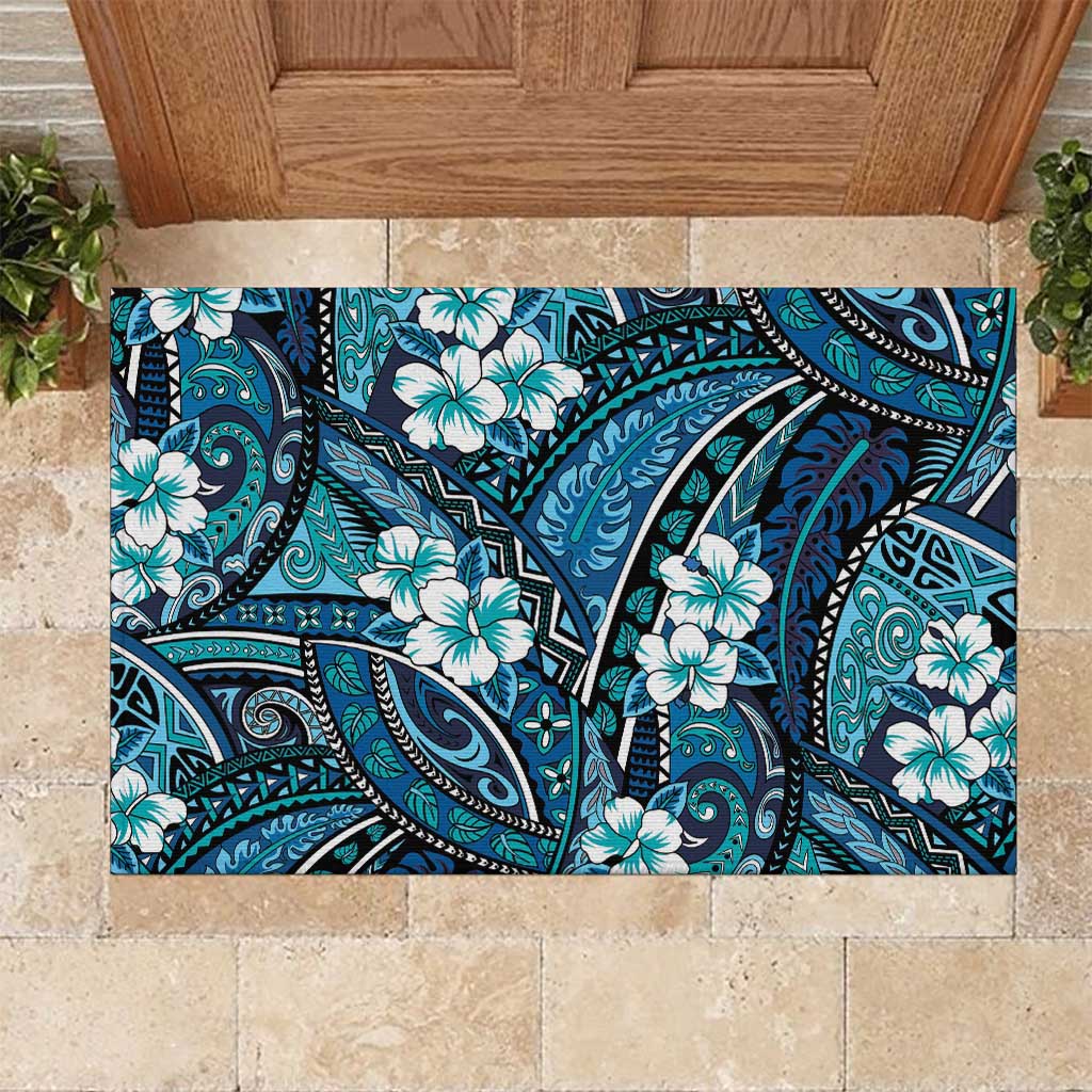 Polynesian Hibiscus Tropical Blue Floral Rubber Doormat Tribal Pattern LT01 Blue - Polynesian Pride