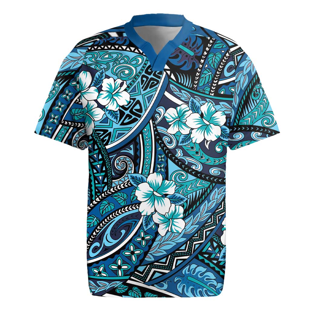 Polynesian Hibiscus Tropical Blue Floral Rugby Jersey Tribal Pattern LT01 Blue - Polynesian Pride