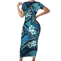 Polynesian Hibiscus Tropical Blue Floral Short Sleeve Bodycon Dress Tribal Pattern LT01 Long Dress Blue - Polynesian Pride