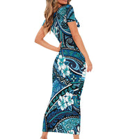 Polynesian Hibiscus Tropical Blue Floral Short Sleeve Bodycon Dress Tribal Pattern LT01 - Polynesian Pride