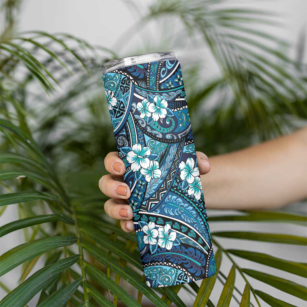 Polynesian Hibiscus Tropical Blue Floral Skinny Tumbler Tribal Pattern - Polynesian Pride