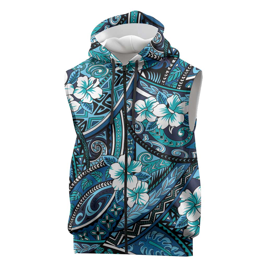 Polynesian Hibiscus Tropical Blue Floral Sleeveless Zip Hoodie Tribal Pattern LT01 Blue - Polynesian Pride