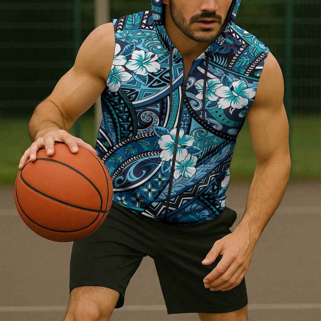 Polynesian Hibiscus Tropical Blue Floral Sleeveless Zip Hoodie Tribal Pattern - Polynesian Pride