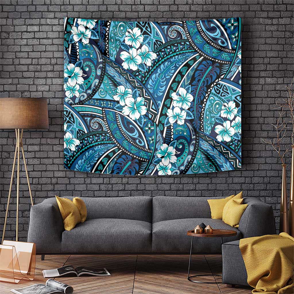 Polynesian Hibiscus Tropical Blue Floral Tapestry Tribal Pattern LT01 Blue - Polynesian Pride
