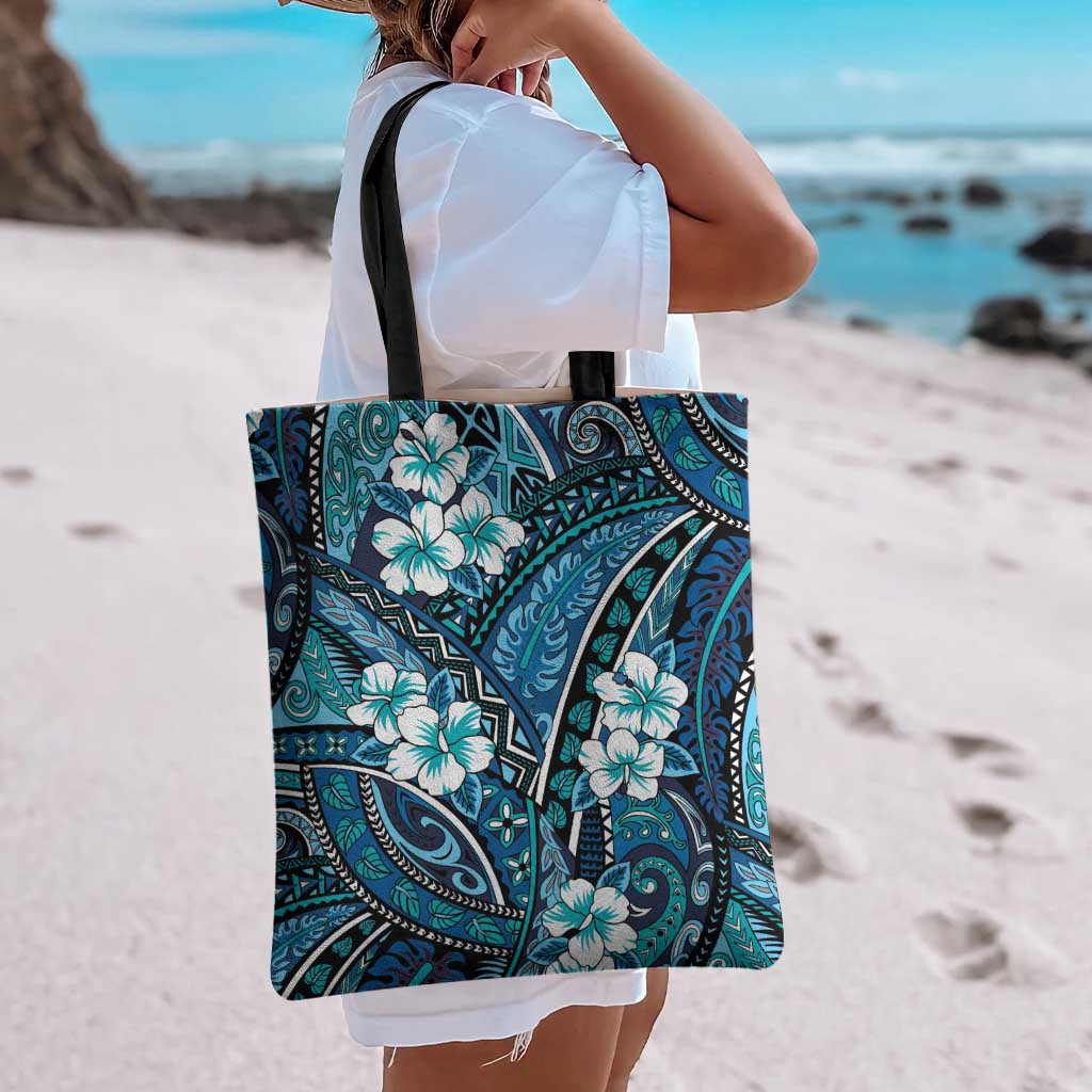 Polynesian Hibiscus Tropical Blue Floral Tote Bag Tribal Pattern - Polynesian Pride