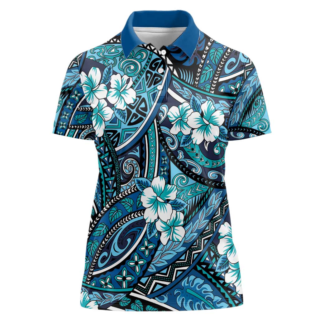 Polynesian Hibiscus Tropical Blue Floral Women Polo Shirt Tribal Pattern LT01 Female Blue - Polynesian Pride