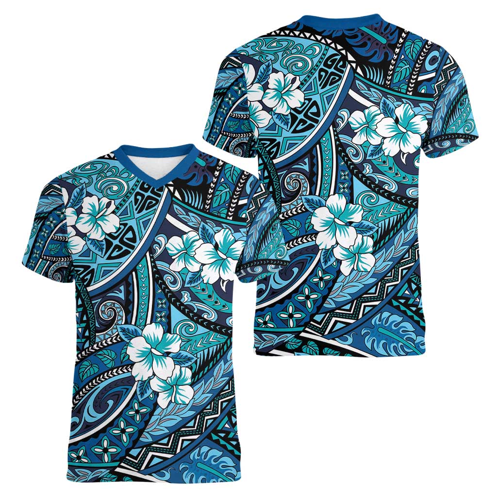 Polynesian Hibiscus Tropical Blue Floral Women V-Neck T-Shirt Tribal Pattern - Polynesian Pride