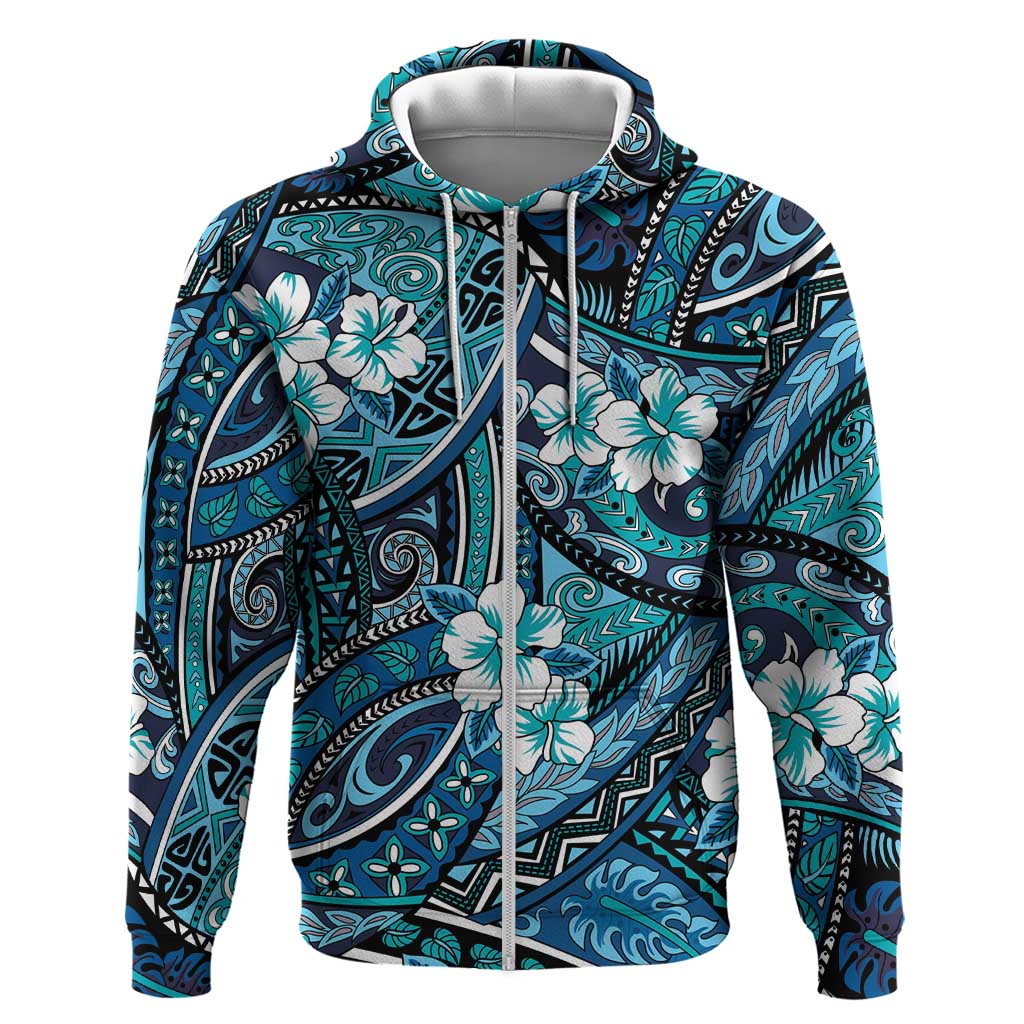 Polynesian Hibiscus Tropical Blue Floral Zip Hoodie Tribal Pattern LT01 Zip Hoodie Blue - Polynesian Pride