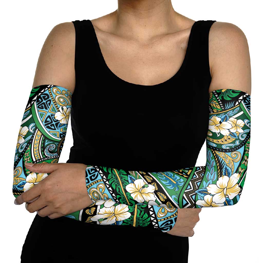 Polynesian Hibiscus Tropical Green Floral Arm Sleeves Tribal Pattern - Polynesian Pride