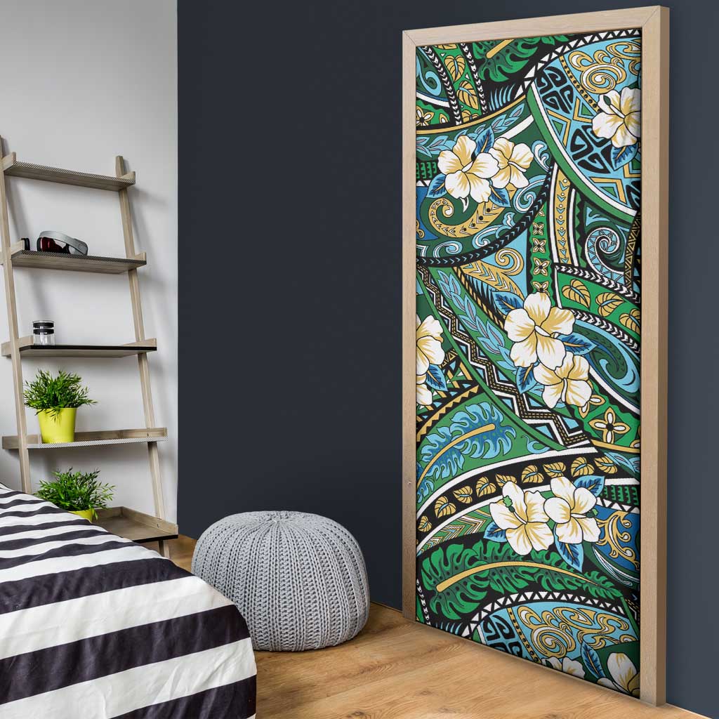 Polynesian Hibiscus Tropical Green Floral Door Cover Tribal Pattern - Polynesian Pride