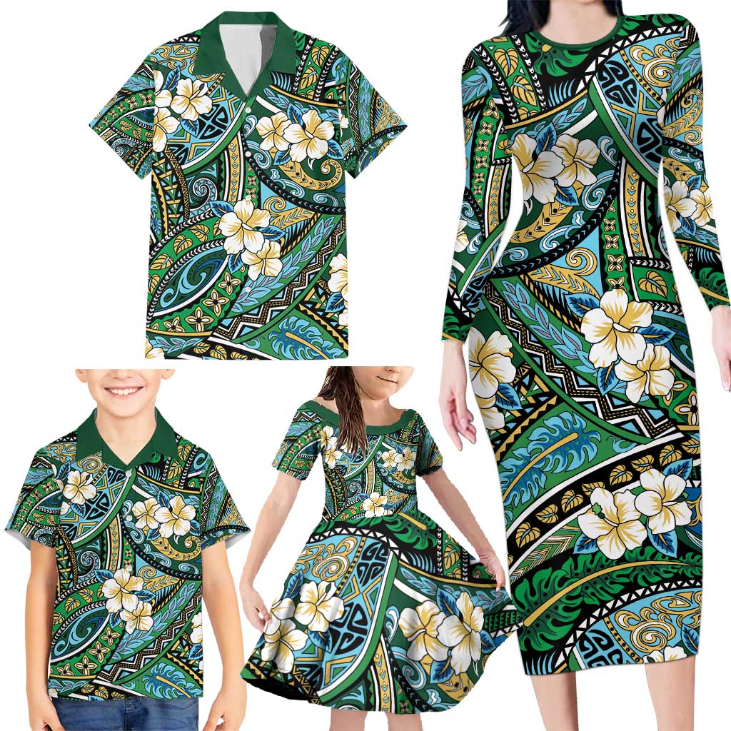 Polynesian Hibiscus Tropical Green Floral Family Matching Long Sleeve Bodycon Dress and Hawaiian Shirt Tribal Pattern LT01 - Polynesian Pride