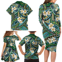 Polynesian Hibiscus Tropical Green Floral Family Matching Long Sleeve Bodycon Dress and Hawaiian Shirt Tribal Pattern LT01 - Polynesian Pride