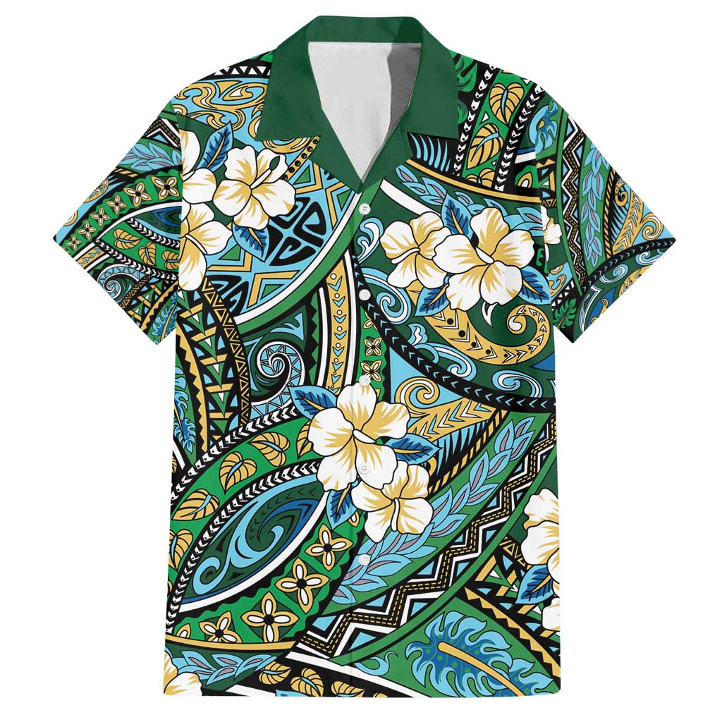 Polynesian Hibiscus Tropical Green Floral Family Matching Long Sleeve Bodycon Dress and Hawaiian Shirt Tribal Pattern LT01 Dad's Shirt - Short Sleeve Green - Polynesian Pride