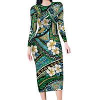 Polynesian Hibiscus Tropical Green Floral Family Matching Long Sleeve Bodycon Dress and Hawaiian Shirt Tribal Pattern LT01 Mom's Dress Green - Polynesian Pride