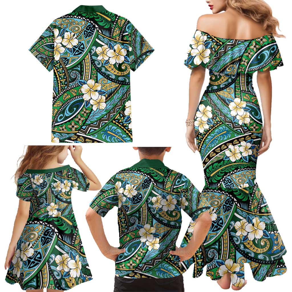 Polynesian Hibiscus Tropical Green Floral Family Matching Mermaid Dress and Hawaiian Shirt Tribal Pattern LT01 - Polynesian Pride