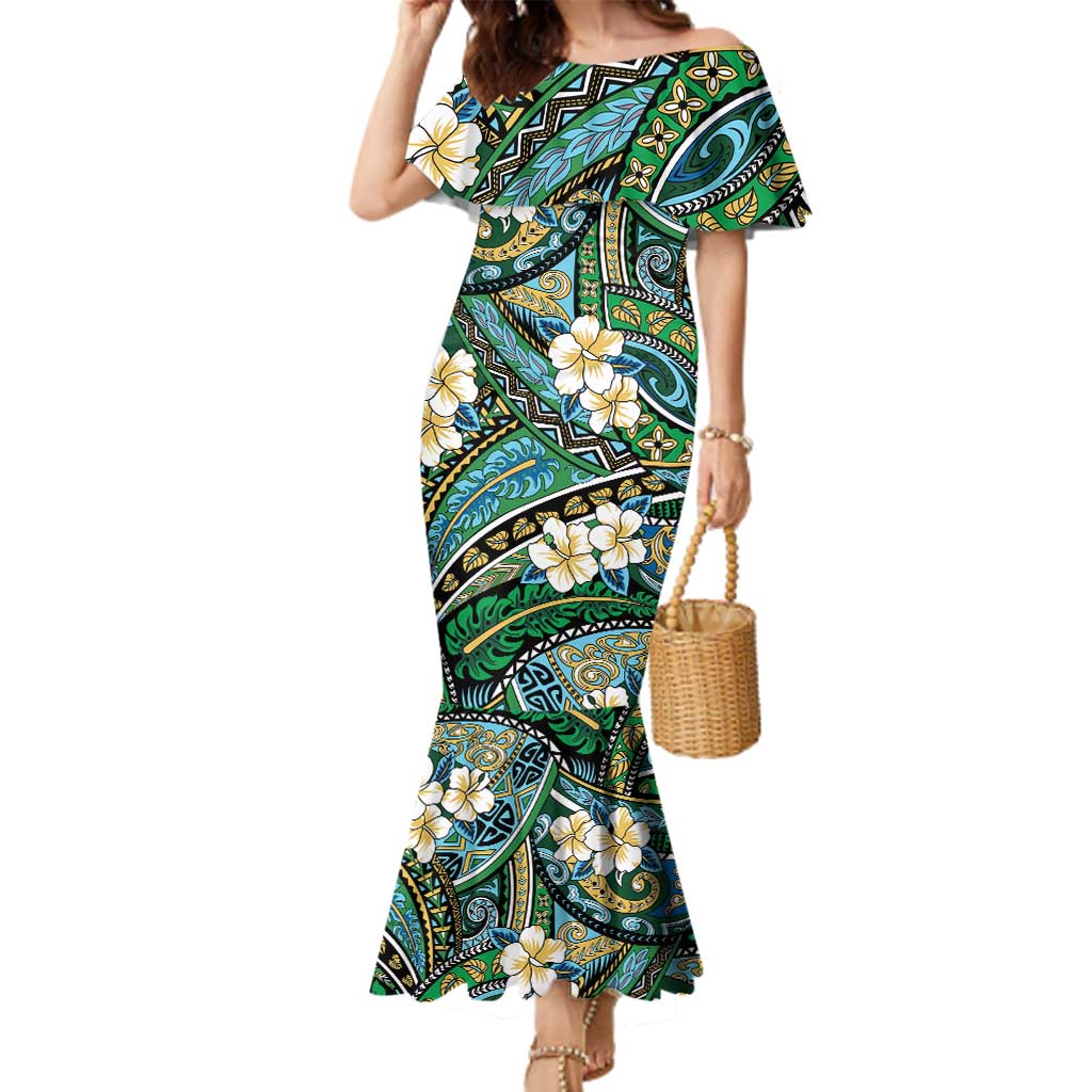 Polynesian Hibiscus Tropical Green Floral Family Matching Mermaid Dress and Hawaiian Shirt Tribal Pattern LT01 Mom's Dress Green - Polynesian Pride