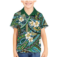 Polynesian Hibiscus Tropical Green Floral Family Matching Mermaid Dress and Hawaiian Shirt Tribal Pattern LT01 Son's Shirt Green - Polynesian Pride