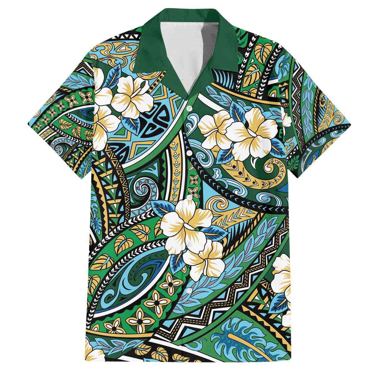 Polynesian Hibiscus Tropical Green Floral Family Matching Off The Shoulder Long Sleeve Dress and Hawaiian Shirt Tribal Pattern LT01 Dad's Shirt - Short Sleeve Green - Polynesian Pride