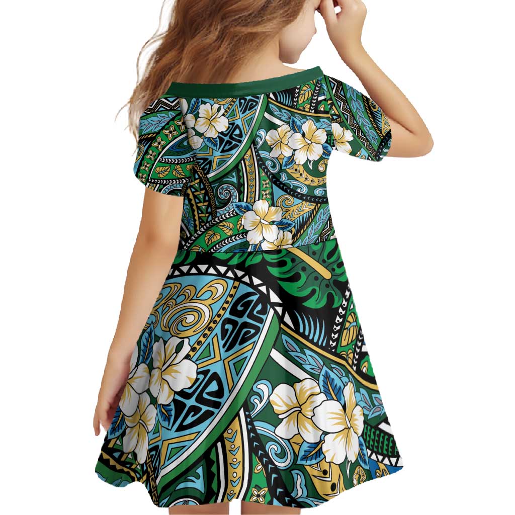 Polynesian Hibiscus Tropical Green Floral Family Matching Off Shoulder Maxi Dress and Hawaiian Shirt Tribal Pattern LT01 - Polynesian Pride