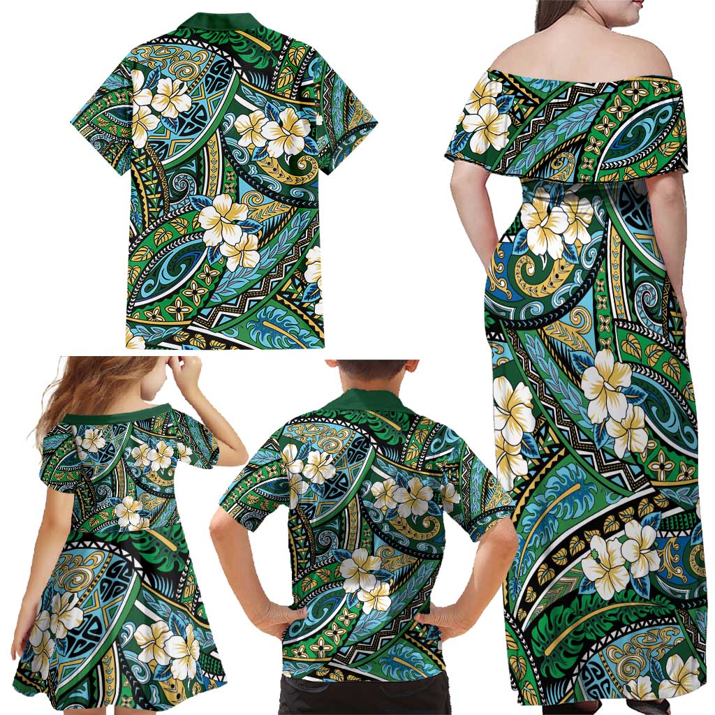 Polynesian Hibiscus Tropical Green Floral Family Matching Off Shoulder Maxi Dress and Hawaiian Shirt Tribal Pattern LT01 - Polynesian Pride