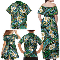 Polynesian Hibiscus Tropical Green Floral Family Matching Off Shoulder Maxi Dress and Hawaiian Shirt Tribal Pattern LT01 - Polynesian Pride