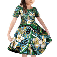 Polynesian Hibiscus Tropical Green Floral Family Matching Off Shoulder Short Dress and Hawaiian Shirt Tribal Pattern LT01 Daughter's Dress Green - Polynesian Pride