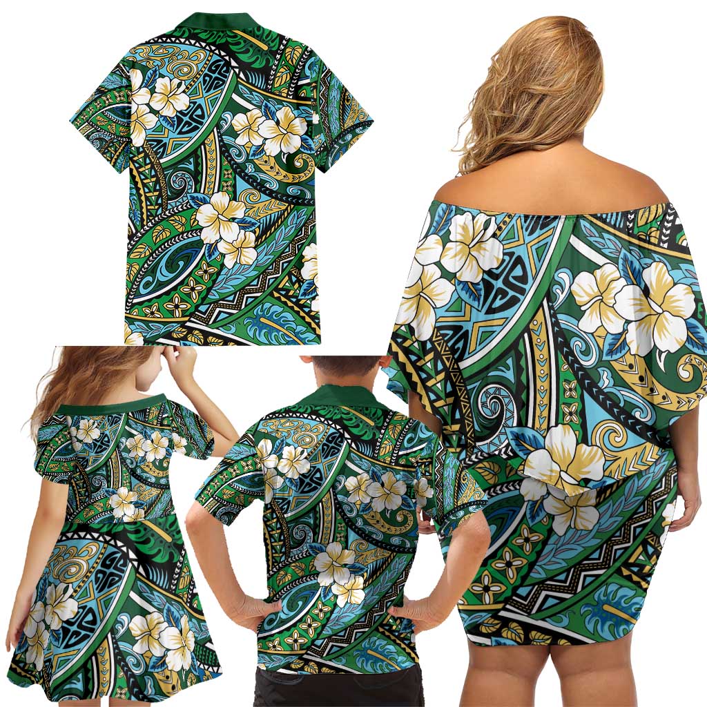 Polynesian Hibiscus Tropical Green Floral Family Matching Off Shoulder Short Dress and Hawaiian Shirt Tribal Pattern LT01 - Polynesian Pride