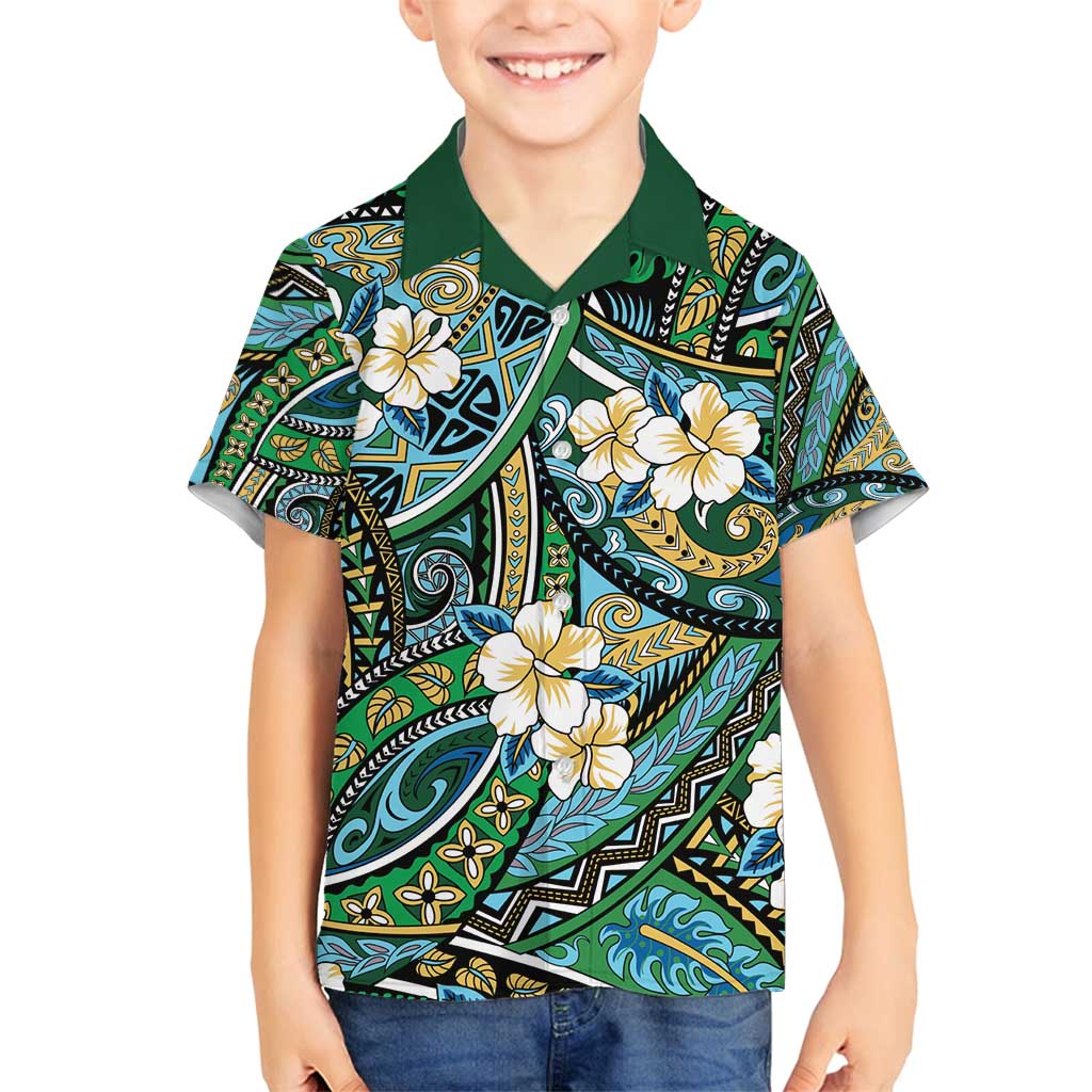 Polynesian Hibiscus Tropical Green Floral Family Matching Off Shoulder Short Dress and Hawaiian Shirt Tribal Pattern LT01 Son's Shirt Green - Polynesian Pride