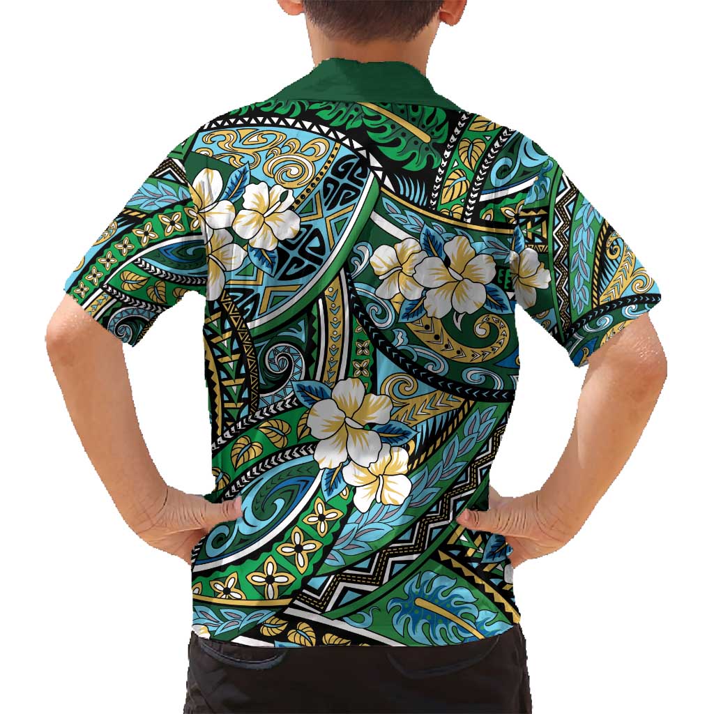Polynesian Hibiscus Tropical Green Floral Family Matching Puletasi and Hawaiian Shirt Tribal Pattern - Polynesian Pride