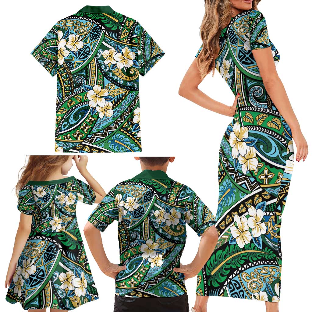 Polynesian Hibiscus Tropical Green Floral Family Matching Short Sleeve Bodycon Dress and Hawaiian Shirt Tribal Pattern LT01 - Polynesian Pride