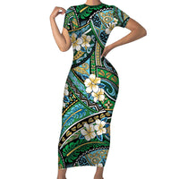 Polynesian Hibiscus Tropical Green Floral Family Matching Short Sleeve Bodycon Dress and Hawaiian Shirt Tribal Pattern LT01 Mom's Dress Green - Polynesian Pride