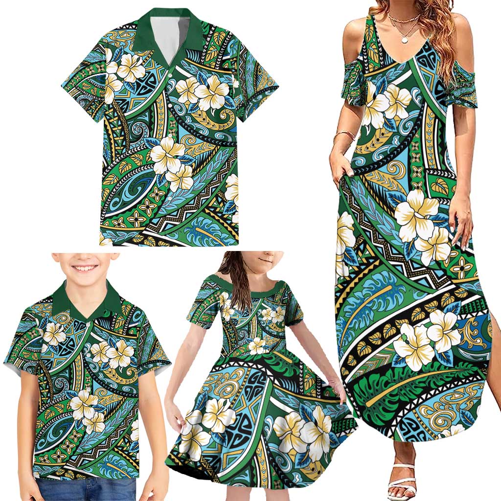 Polynesian Hibiscus Tropical Green Floral Family Matching Summer Maxi Dress and Hawaiian Shirt Tribal Pattern LT01 - Polynesian Pride
