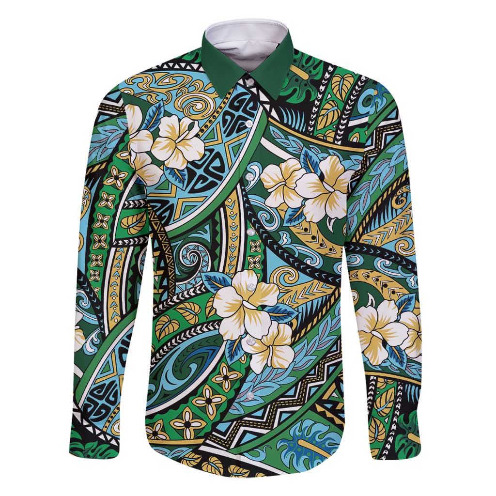Polynesian Hibiscus Tropical Green Floral Family Matching Summer Maxi Dress and Hawaiian Shirt Tribal Pattern LT01 Dad's Shirt - Long Sleeve Green - Polynesian Pride