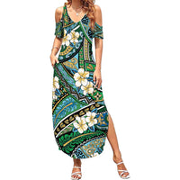 Polynesian Hibiscus Tropical Green Floral Family Matching Summer Maxi Dress and Hawaiian Shirt Tribal Pattern LT01 Mom's Dress Green - Polynesian Pride
