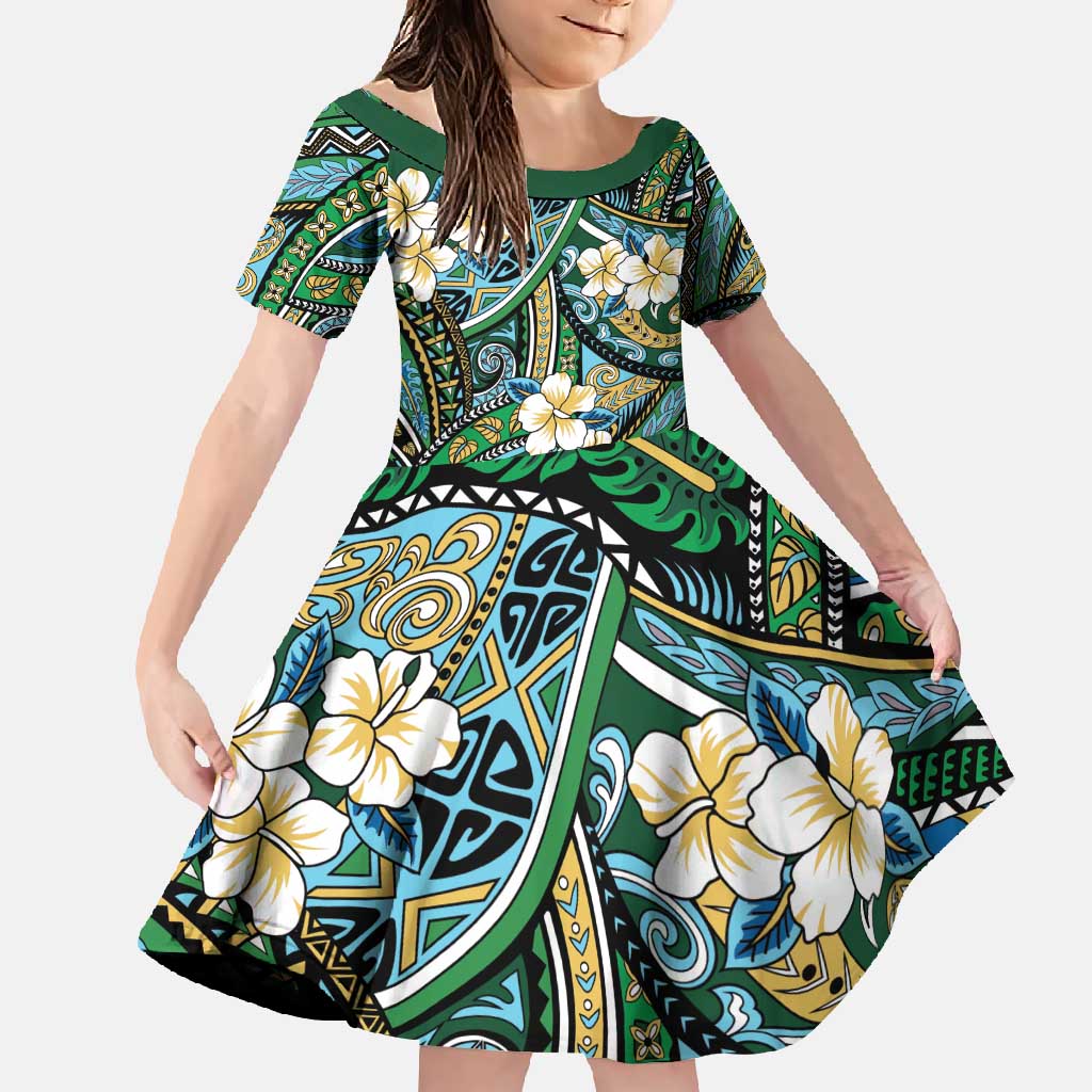 Polynesian Hibiscus Tropical Green Floral Family Matching Tank Maxi Dress and Hawaiian Shirt Tribal Pattern LT01 Daughter's Dress Green - Polynesian Pride